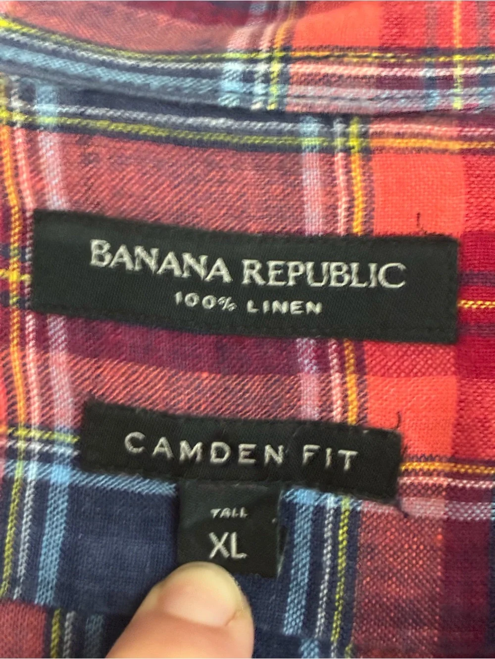 Banana Republic Red & Navy Linen Plaid Camben Fit short sleeve shirt xl tall
